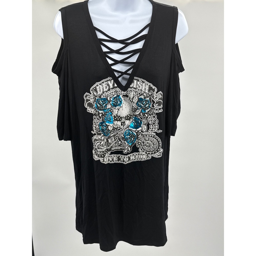 Liberty Wear Devilish Skull Biker Top Black Cold Shoulder Rhinestone 2XL NWT